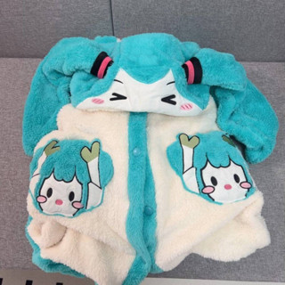 保暖加厚珊瑚絨連帽睡袍女卡通可愛初音未來Miku秋冬季家居服套裝 MH6Y