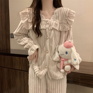 蝸居生活館🔆大尺碼睡衣 高階感公主風睡衣女珊瑚絨法蘭絨冬季兩件套2023新款加絨加厚套裝 珊瑚絨居家服 兩件套