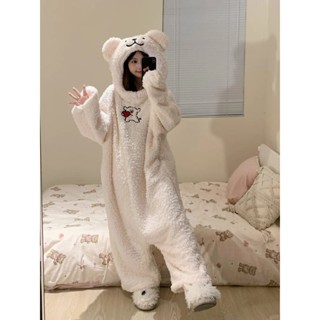 臺灣發貨-泰迪小狗珊瑚絨連體睡衣2024冬季新款女連帽加絨加厚可外穿家居服