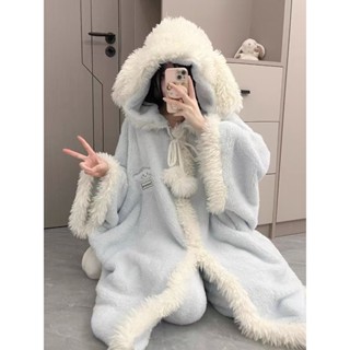 暖暖睡衣冬季睡袍女新款睡衣玉桂狗珊瑚絨少女睡衣加絨加厚連帽斗篷家居服