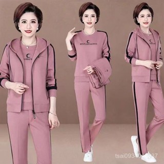 新款 秋冬套裝 套裝女 媽媽裝馬甲三件套女春秋季中老年時尚衛衣連帽大碼寬鬆運動服套裝