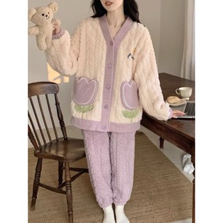 Lam 睡衣 居家服珊瑚絨睡衣女冬季鬱金香加厚ins軟綿綿法蘭絨冬天女士家居服套裝
