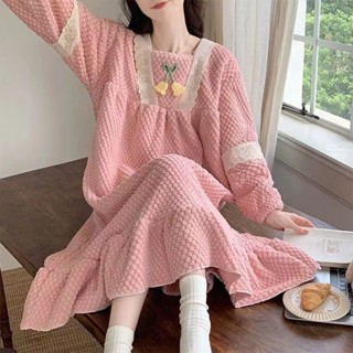 Lam 睡衣 睡裙珊瑚絨睡裙女秋冬季公主風長袖加絨加厚法蘭絨保暖休閑睡衣家居服