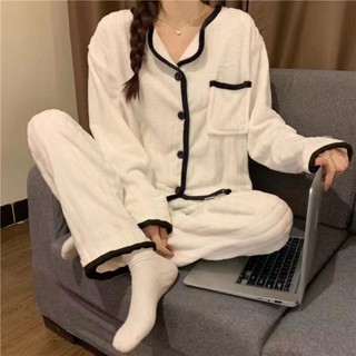 Lam 睡衣 居家服 珊瑚絨睡衣女韓版睡衣 長袖長褲 冬季睡衣 ins 加絨加厚睡衣 法蘭絨睡衣 可外穿 睡衣套裝