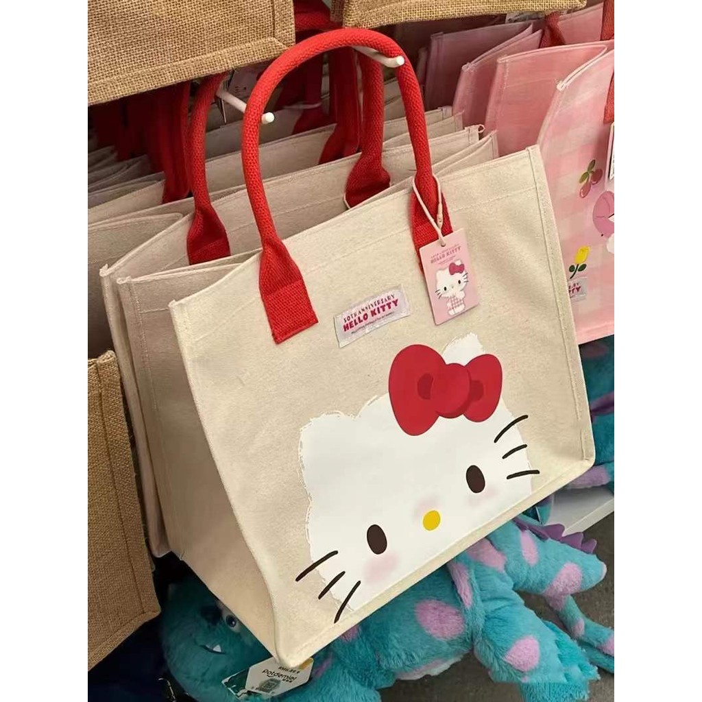 Kitty購物袋🎀 三麗鷗HelloKitty卡通手提包帆布印花凱蒂貓女購物袋 帆布購物袋 帆布手提包 kitty帆布袋