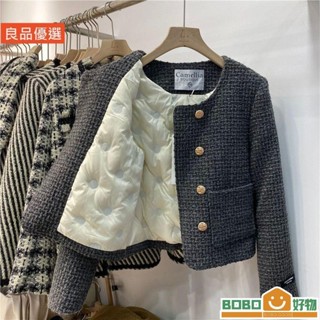 BOB好物❤百搭洋氣保暖加厚棉服小香風外套女短版上衣女粗花呢短外套 氣質灰色羽絨[lb008]內裡加厚小香風外套女年冬季