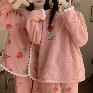 糖果屋~韓版睡衣女冬季珊瑚絨加厚公主甜美法蘭絨長袖開衫家居服外出冬天套裝居家服