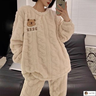 臺灣出貨💕清清💕秋冬季居家服 珊瑚絨睡衣女秋冬季加厚加絨學生可愛2024年新款法蘭絨家居服套裝