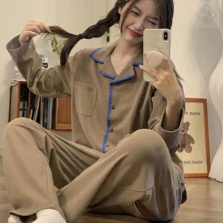 可可裡🍁韓版ins簡約撞色德絨保暖睡衣女秋冬長袖甜美學生冬季家居服套裝