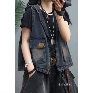 精品免運📣背心馬甲外套 韓版連帽牛仔馬甲女外搭新款寬鬆大尺碼藝文復古無袖無袖馬夾外套潮 羽絨外套 牛仔背心 大尺碼背心