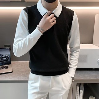 Toxic 男裝 網紅秋冬季加厚假兩件毛衣男士襯衫領韓版潮流馬甲襯衣針織衫外套