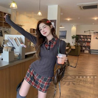新竹出貨♕韓系套裝 2025春季氣質套裝 設計感假兩件 新年T恤女裝 學院風套裝 秋季休閒 針織格紋 半身裙 兩件套