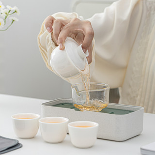 羊脂玉 茶具 便攜式 功夫茶具 蓋碗 茶杯 茶盤 收納盒 套裝 露營 旅行 戶外 輕巧套組