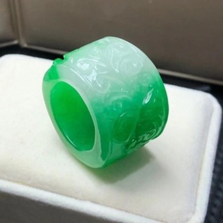 戒指 指環 老坑翡翠色冰種飄陽綠戒指雕花白底飄綠石英玉扳指男