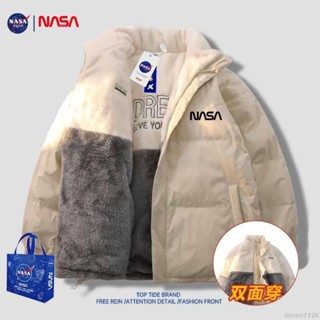 免運 NASA聯名潮牌羽絨服男 外套男 羽絨外套 連帽外套 雙麵穿秋冬季2024年新款加絨羊羔絨 情侶外套女【大炮男裝】