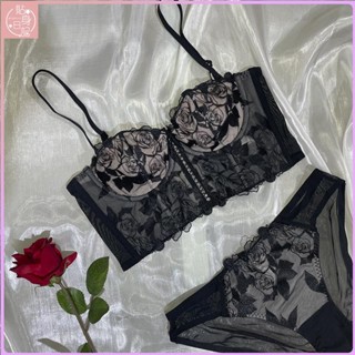 🎀貼身日記🎀性感玫瑰花刺繡法式宮廷蕾絲長款文胸套裝內衣鋼圈聚攏內衣薄款