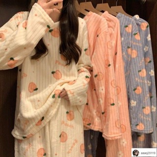 🎀臺灣出貨🎀Round🎀甜美可愛睡衣 珊瑚絨印花睡衣女秋冬季時尚大碼暖暖女套裝加厚兩件套可愛家居服
