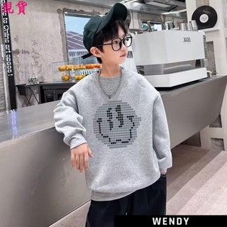 48H發出 秋季新款男大童T恤長袖上衣男童大學T春秋款笑臉印花2024新款帥氣中大童長袖寬鬆兒童男孩上衣