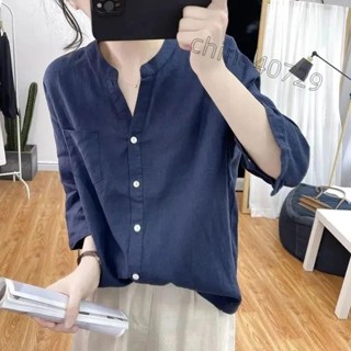 免運💖大尺碼襯衫 棉麻襯衫 夏季V領亞麻寬鬆短袖襯衫女復古藏青色上衣棉麻顯瘦長袖透氣襯衫