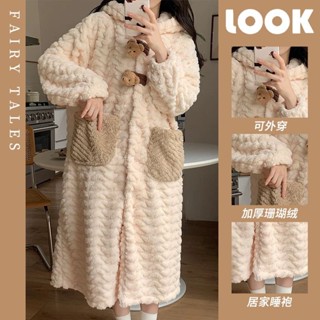 冬季 居家服 睡衣 睡袍 新款珊瑚絨睡衣女士秋冬季加厚加絨浴袍寬松法蘭絨孕婦家居服套裝