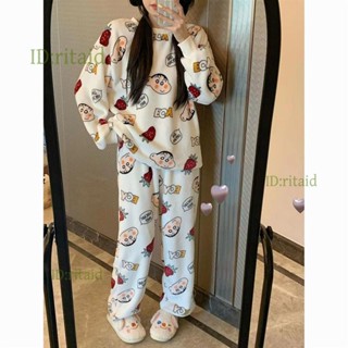 送毛襪 睡衣套裝 睡衣 睡袍 毛毛睡衣 毛毛睡袍 居家睡衣 保暖睡衣 蠟筆小新珊瑚絨睡衣女秋冬季法蘭絨可愛甜美保暖冬天