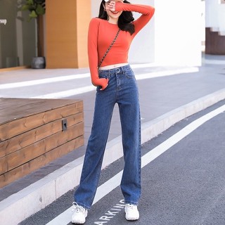 【ohi】優選高腰闊腿牛仔褲 女顯瘦寬鬆拖地長褲 可調節褲頭設計 高腰牛仔長褲 韓版牛仔褲女(GJC9013)