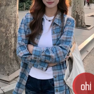 【ohi】韓系輕奢奶藍色格子襯衫 長袖襯衫 學院風襯衫女 女生襯衫 襯衣 襯衫 上衣 女裝 GSNA73