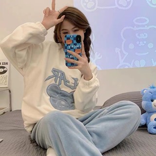 加絨睡衣女 冬季珊瑚絨居家服女 可愛小熊 秋季加厚法蘭絨 甜美大碼家居服 睡衣套裝 436S