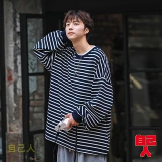 【自己人】日系長袖上衣長T寬鬆大學T 條紋長袖T恤男秋季ins潮流百搭秋衣(BTKF16