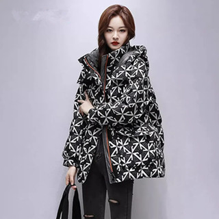 桃園出貨 2024年新款時尚印花羽絨棉服女中長款小個子連帽寬鬆冬季髮熱外套 臺灣賣家 臺灣髮貨(現+預）部分1-3天出貨