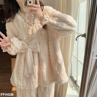 睡衣 兩件式睡衣冬季 睡袍 長袖 睡袍珊瑚絨睡衣女冬季公主風花邊蝴蝶結提花秋冬款加絨加厚法蘭絨毛絨FFHGM