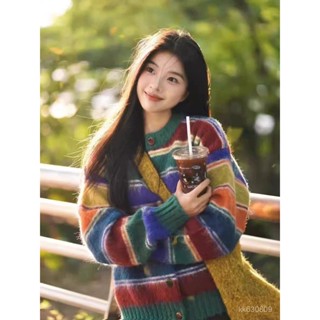 QBSG 免運 秋冬上衣 過年穿搭 複古彩色條紋毛衣外套女秋冬新款韓係寬鬆慵懶風針織衫開衫上衣