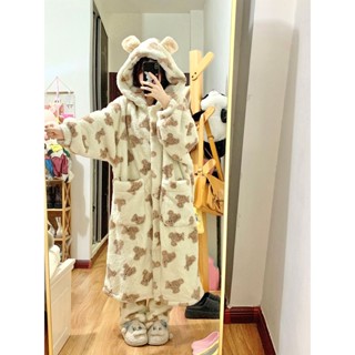 有點東西🧥小浣熊珊瑚絨睡衣女冬季加絨加厚保暖法蘭絨中長款連帽秋冬天睡袍冬季睡衣 卡通睡衣 睡袍 居家服
