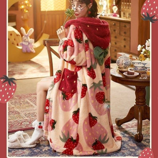 大草莓睡衣珊瑚絨卡通連帽加厚睡袍甜美可愛可外穿家居服保暖加厚【Jsna皇后】