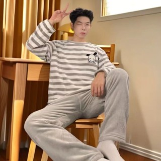 男士睡衣秋冬季珊瑚絨加厚卡通法蘭絨家居服套裝