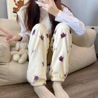 🌸臺灣限價免運🌸鹿鹿 珊瑚絨睡褲女冬季加厚加絨法蘭絨長褲睡衣印花束腳褲可外穿遛彎褲