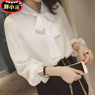 【臺灣免運】M-4XL 大尺碼上衣 長袖襯衫 春裝韓版大碼襯衫蝴蝶結公主袖百搭雪紡上衣繫帶襯衣女ewrd