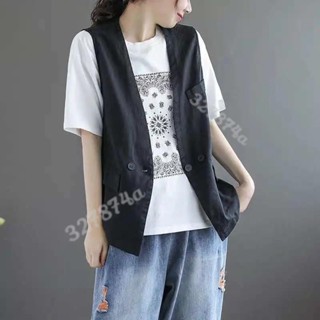新款💖背心外套 韓版胖mm藝文復古素色馬甲女士2022夏季新款寬鬆顯瘦大尺碼外搭背心上衣 牛仔背心外套 韓背心 外搭小
