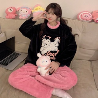 see 保暖睡衣 加絨睡衣 居家服 長袖睡衣 網紅珊瑚絨睡衣女秋冬季2024年新細絨款加絨加厚家居服法蘭絨套裝