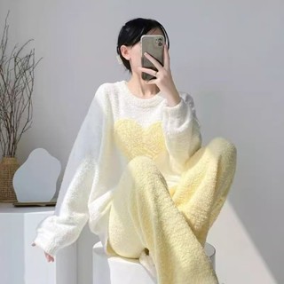 see 保暖睡衣 加絨睡衣 居家服 長袖睡衣 珊瑚絨睡衣女秋冬新款半邊絨睡衣套裝加絨可外穿家居服套裝公主風