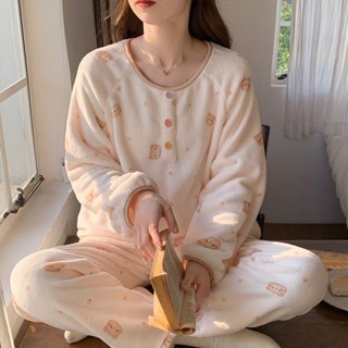 see 保暖睡衣 加絨睡衣 居家服 長袖睡衣 珊瑚絨睡衣女款秋冬季卡通印花熊冬天加絨加厚法蘭絨冬款家居服