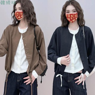 歐貨拼色假兩件圓領長袖襯衫女秋季時尚下擺抽繩百搭開衫上衣 韓版上衣 長袖上衣 顯瘦上衣 大尺碼女裝 設計感上衣 氣質穿搭