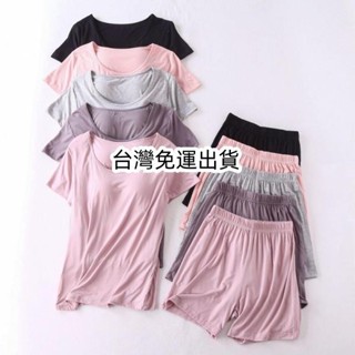 免運🌸M-3XL帶胸墊莫代爾棉女生短袖睡衣裙套裝 五指杯大尺碼免穿內衣文胸短袖寬鬆短褲家居服