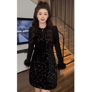 🌺臺灣限時低價🌺氣質高階感連衣裙2025新款赫本風小黑裙遮肉顯瘦亮閃閃包臀短裙子