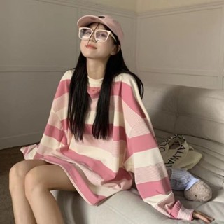 韓係ins溫柔風撞色條紋衛衣女甜美慵懶風bf寬鬆長款上衣 長袖上衣 韓風女裝 女裝 冬季女裝 女裝 韓係
