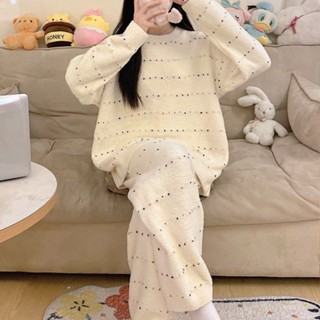 珊瑚絨睡衣女秋冬季加厚長袖保暖套裝波點法蘭絨冬天可外穿家居服睡衣 家居服 居家服 居家睡衣 睡衣套裝 長袖家居服