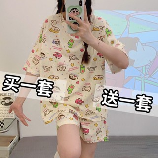 Xuan♥【兩套價】夏天睡衣女短袖短褲蠟筆小新卡通寬鬆大碼家居服套裝