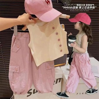 ARY 女童套裝 女童夏裝 寶寶短袖套裝 韓國童裝女童套裝2024夏季新款女孩洋氣時髦設計感背心上衣工裝褲