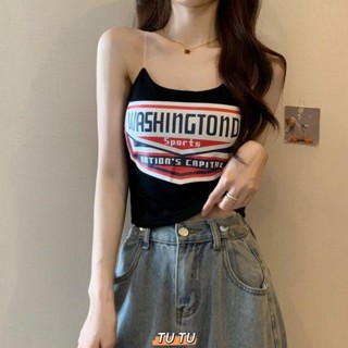 TUTU 大尺碼背心 吊帶 網紅辣妹帶胸墊背心女設計感顯瘦修身短款字母印花胖mm無袖上衣女