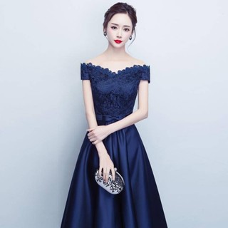 訂做 女士海軍藍一字肩晚禮服 新款宴會高貴氣質晚宴服 訂婚宴晚禮服 平時可穿宴會晚禮服 音樂會合唱表演服春酒尾牙顯瘦洋裝